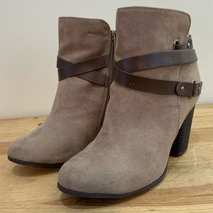 Torrid Brown Criss Cross Buckle Suede Heel Booties